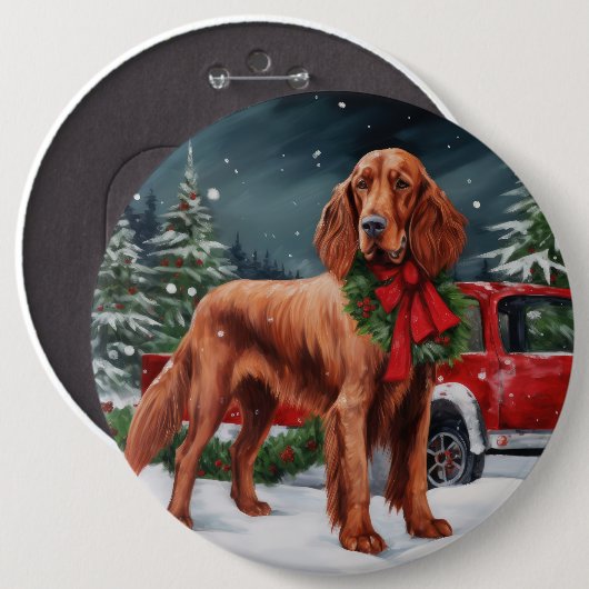 Ierse rode setter hond in sneeuw kerst ronde button 6,0 cm (Voorkant /achterkant)
