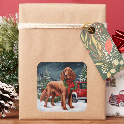 Ierse rode setter hond in sneeuw Kerstmis Vierkante Sticker (Feestdagen)