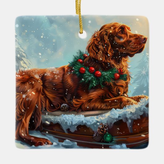 Ierse rode setter hond kerst feestelijk keramisch ornament (Voorkant)