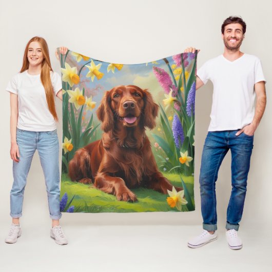 Ierse Rode Setter Hond Lente Bloemen Schilderen Fleece Deken (In situ)