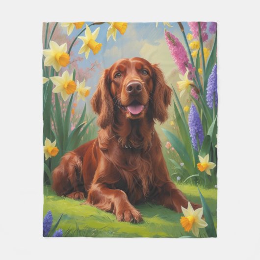 Ierse Rode Setter Hond Lente Bloemen Schilderen Fleece Deken (Voorkant)