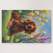 Ierse Rode Setter Hond Lente Bloemen Schilderen Legpuzzel (Horizontaal)