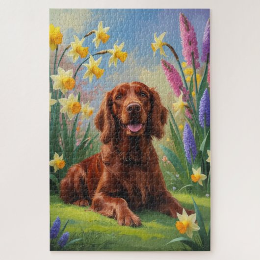 Ierse Rode Setter Hond Lente Bloemen Schilderen Legpuzzel (Verticaal)