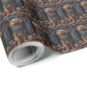 Ierse rode setter-hond met kerstcadeau-haard cadeaupapier