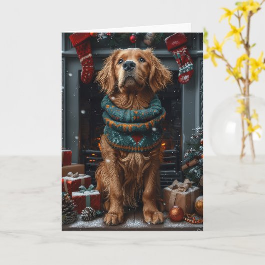 Ierse rode setter-hond met kerstcadeau-haard kaart (Gele Bloem)