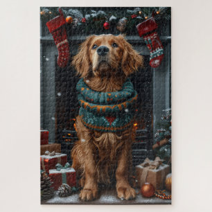Ierse rode setter hond met kerstcadeau open haard legpuzzel