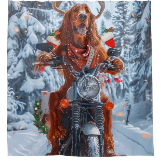 Ierse rode setter hond rijden motorfiets kerst douchegordijn (Voorkant)