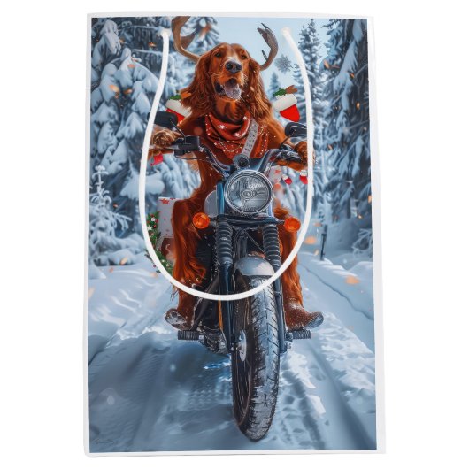 Ierse rode setter hond rijden motorfiets kerst medium cadeauzakje (Voorkant)