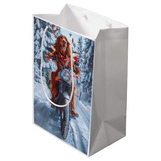 Ierse rode setter hond rijden motorfiets kerst medium cadeauzakje (Achterkant Gekanteld)