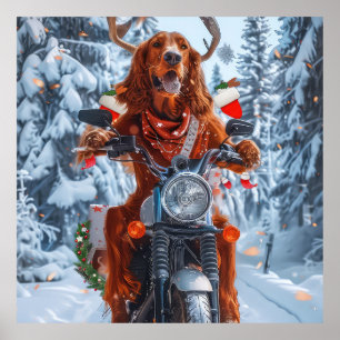 Ierse rode setter hond rijden motorfiets kerst poster