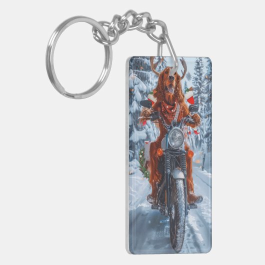 Ierse rode setter hond rijden motorfiets kerst sleutelhanger (Voorkant Links)