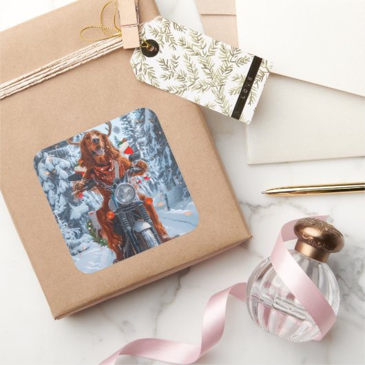 Ierse rode setter hond rijden motorfiets kerst vierkante sticker (Geschenken)