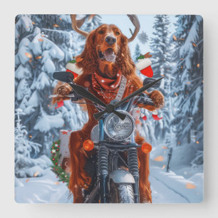 Ierse Rode Setter Hond Rijdt op Motorfiets Kerstmi Vierkante Klok