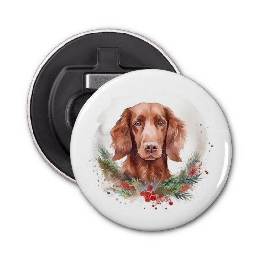 Ierse rode setter kerst krans feestelijke pup button flesopener (Voorkant)