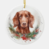 Ierse rode setter kerst krans feestelijke pup keramisch ornament (Voorkant)