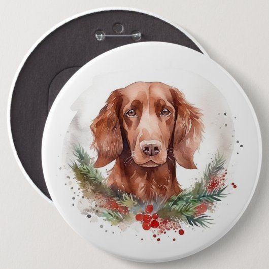 Ierse rode setter kerst krans feestelijke pup ronde button 6,0 cm (Voorkant /achterkant)