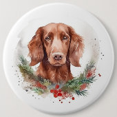 Ierse rode setter kerst krans feestelijke pup ronde button 6,0 cm (Voorkant)
