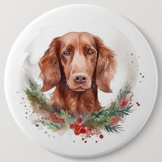 Ierse rode setter kerst krans feestelijke pup ronde button 6,0 cm (Voorkant)