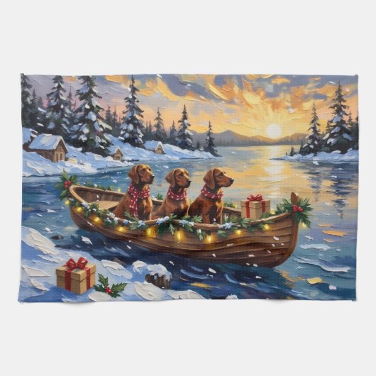 Ierse Rode Setter Kerstboot Vakantie Theedoek (Horizontaal)