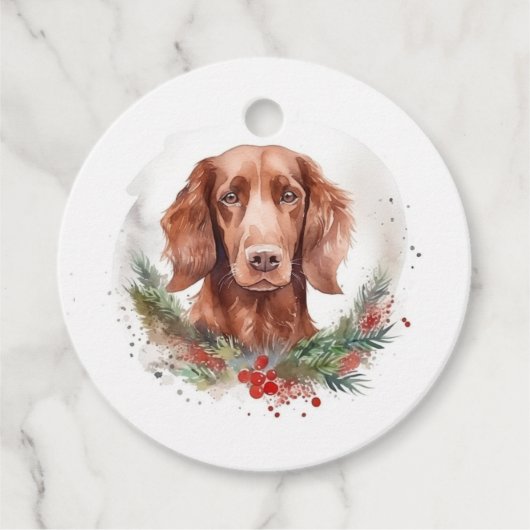 Ierse Rode Setter Kerstkrans Feestelijke Pup Bedankjes Labels (Voorkant)