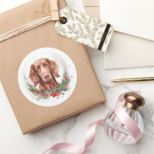 Ierse Rode Setter Kerstkrans Feestelijke Pup Ronde Sticker