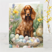Ierse rode setter met paaseieren kaart (Gele Bloem)