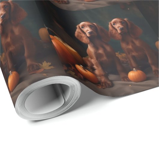 Ierse Rode Setter Puppy Herfst Delight Pompoen Cadeaupapier (Rol Hoek)