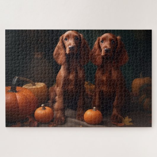 Ierse Rode Setter Puppy Herfst Delight Pompoen Legpuzzel (Horizontaal)