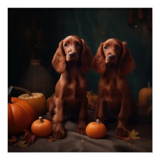 Ierse Rode Setter Puppy Herfst Delight Pompoen Perfect Poster (Voorkant)
