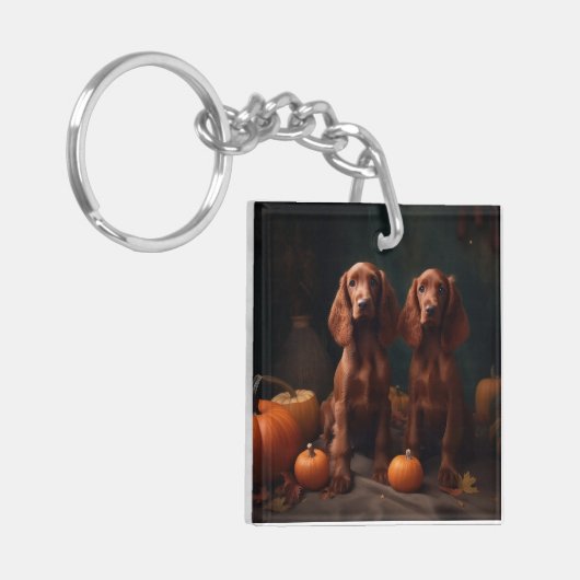 Ierse Rode Setter Puppy Herfst Delight Pompoen Sleutelhanger (Voorkant Links)