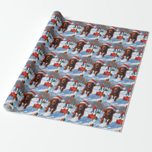 Ierse Rode Setter Rent Door de Sneeuw met Kerstmut Cadeaupapier