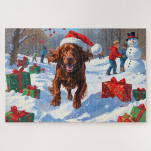Ierse Rode Setter Rent Door de Sneeuw met Kerstmut Legpuzzel