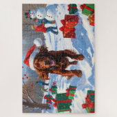Ierse Rode Setter Rent Door de Sneeuw met Kerstmut Legpuzzel (Verticaal)