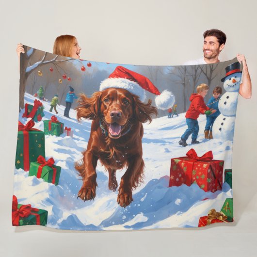 Ierse Rode Setter Rent Door Sneeuw met Kerstmuts Fleece Deken (In situ)