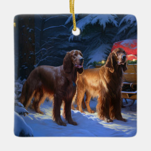 Ierse rode setter sneeuwslee kerstdecor keramisch ornament