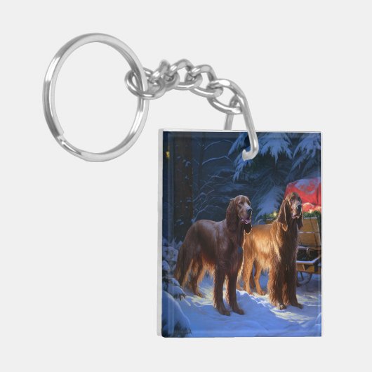 Ierse rode setter sneeuwslee kerstdecor sleutelhanger (Voorkant Links)