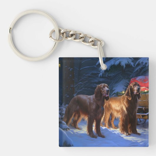Ierse rode setter sneeuwslee kerstdecor sleutelhanger (Voorkant)