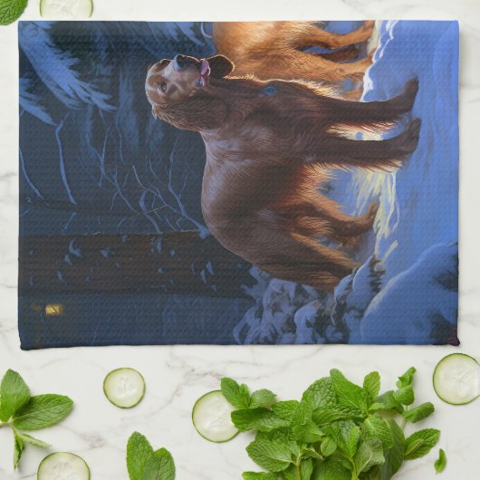 Ierse rode setter sneeuwslee kerstdecor theedoek (Gevouwen)