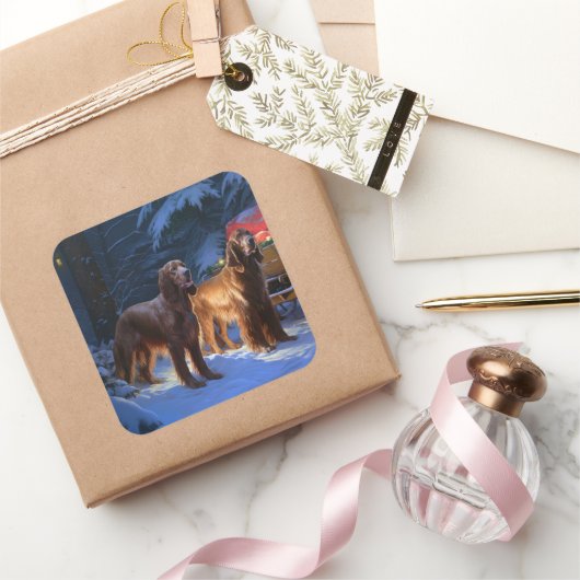 Ierse rode setter sneeuwslee kerstdecor vierkante sticker (Geschenken)