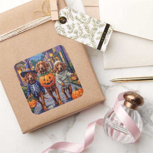 Ierse Rode Setter Trick-or-Treating Halloween Vierkante Sticker (Geschenken)