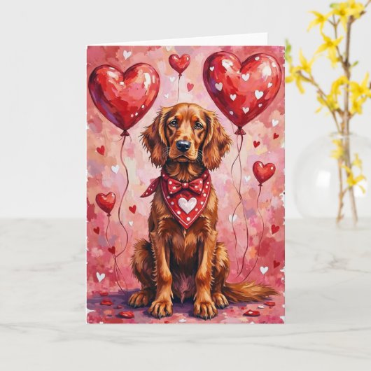Ierse rode setter Valentine hond zittend met harte Kaart (Gele Bloem)