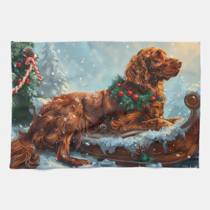 Ierse Rood Setter Hond Kerst Feestelijk Theedoek