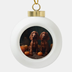 Ierse Rood Setter Puppy Herfst Plezier Pompoen Keramische Bal Ornament