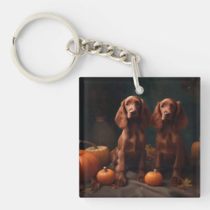Ierse Rood Setter Puppy Herfst Plezier Pompoen Sleutelhanger