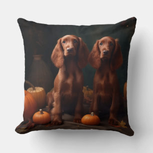 Ierse Rood Setter Puppy Herfstplezier Pompoen Kussen
