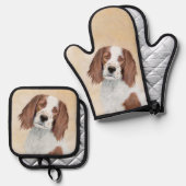 Ierse Rood-Wit Setter Schilderen Originele Kunst Ovenwant & Pannenlap Set (Voorkant / Achterkant)