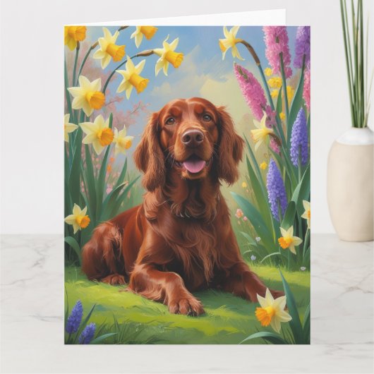 Ierse Roodharige Setter Hond Lente Bloemen Schilde Kaart (Voorkant)