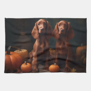 Ierse Roodharige Setter Puppy Herfst Plezier Pompo Theedoek