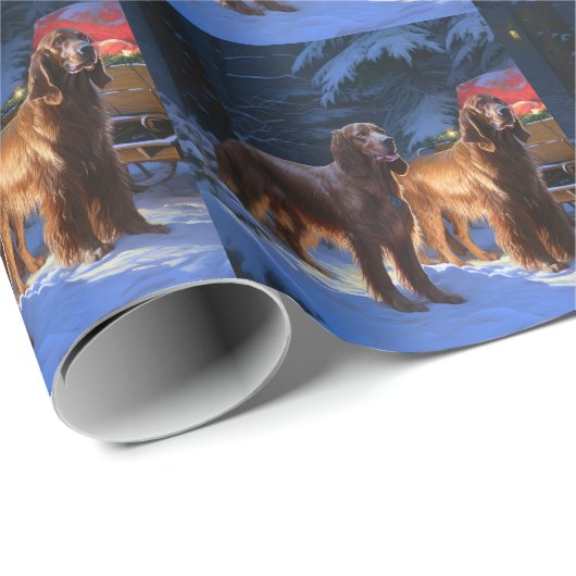 Ierse Roodharige Setter Sneeuw Slede Kerst Decorat Cadeaupapier (Rol Hoek)