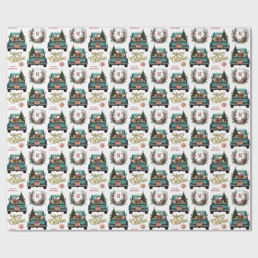 Ierse Setter Dog Retro Truck Monogram Kerstmis Cadeaupapier (Vlak)